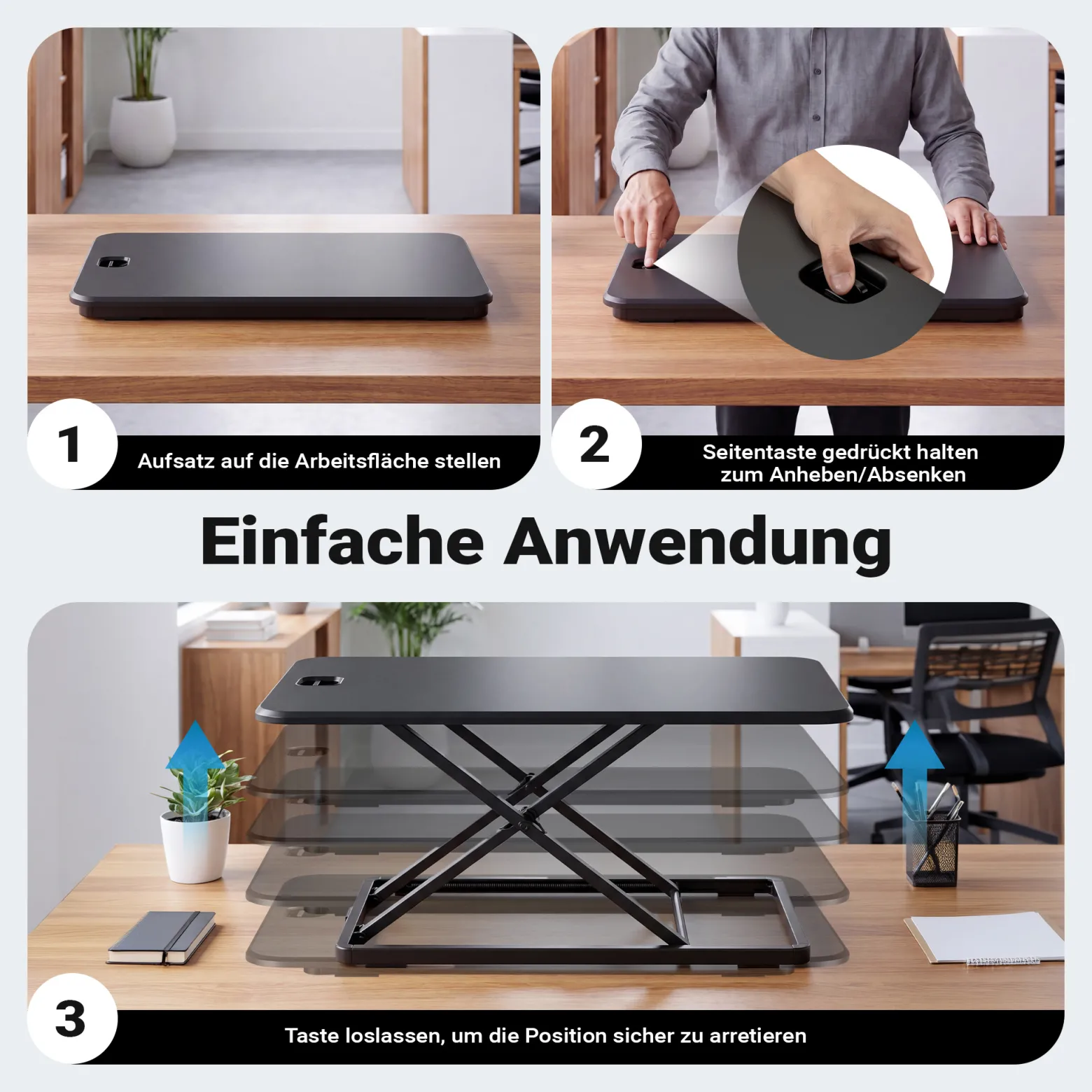 Wiltec Schreibtischaufsatz 67x47cm höhenverstellbarer Steh-Sitz Schreibtisch für Laptop und Monitor