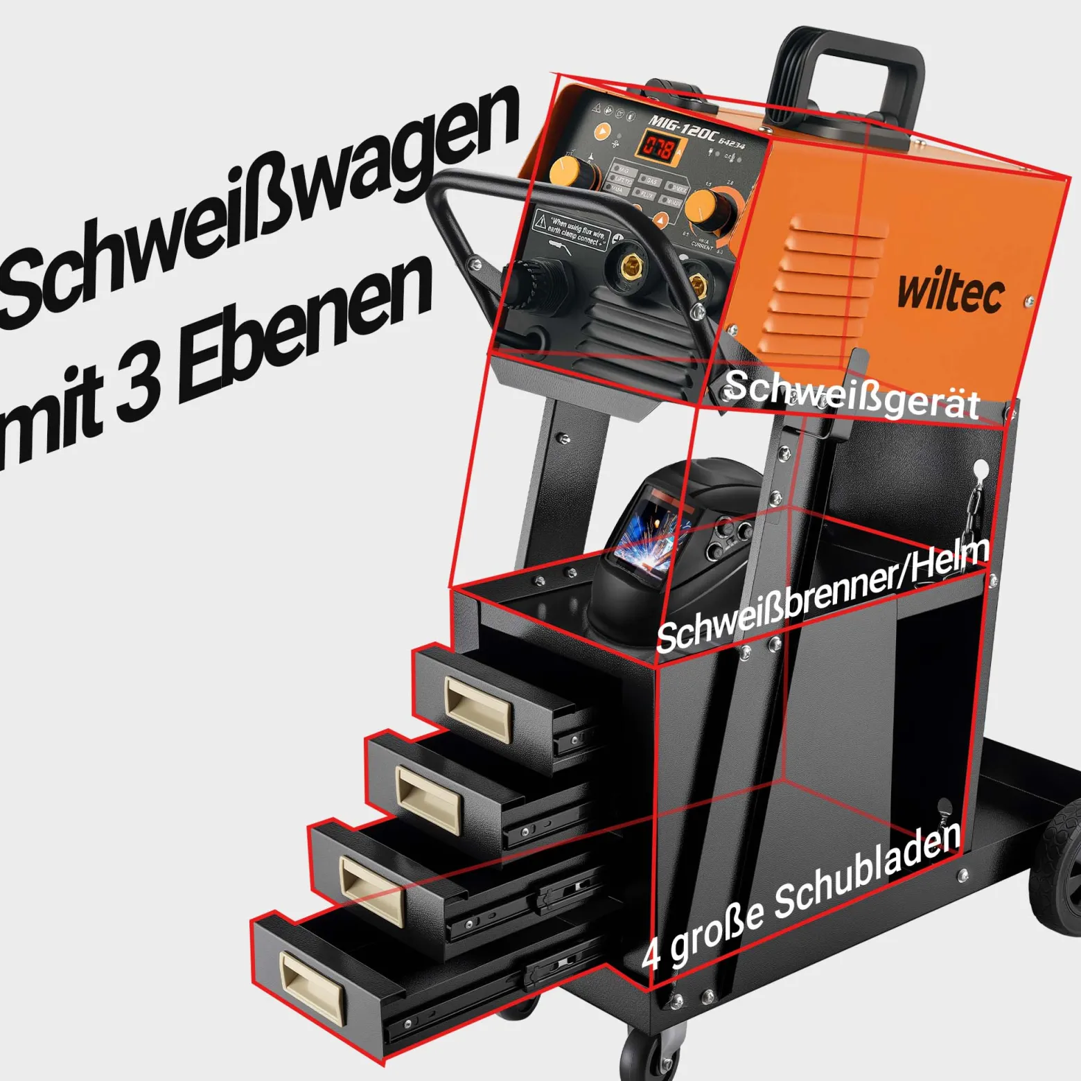 Wiltec Schweißwagen mit 4 Schubladen, Schweißgerätewagen bis 100 kg, Gasflaschenwagen Stahl mit Transportrollen, Werkstattwagen für Schweißgerät und Gasflasche