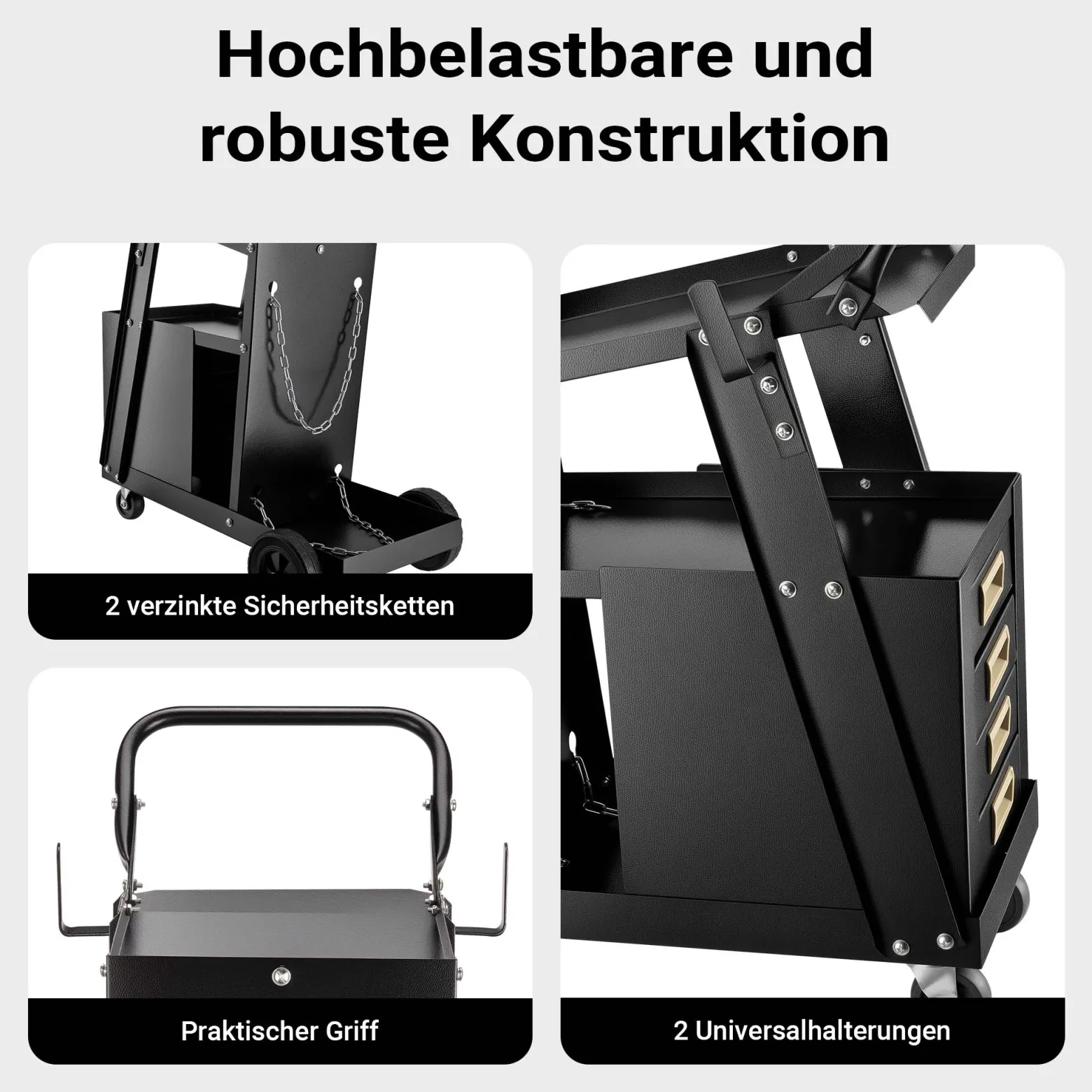 Wiltec Schweißwagen mit 4 Schubladen, Schweißgerätewagen bis 100 kg, Gasflaschenwagen Stahl mit Transportrollen, Werkstattwagen für Schweißgerät und Gasflasche