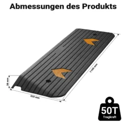 Wiltec Schwellenrampe bis 50 t, Rampe aus robustem Gummi 1100 x 320 x 38 mm, gelbe Reflexionsbänder und Schraubrillen, Auffahrrampe für Pkw, Motorrad, Rollstuhl oder Lkw