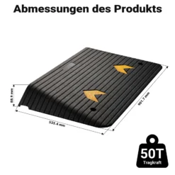 Wiltec Schwellenrampe bis 50 t, Rampe aus robustem Gummi 902 x 533 x 89 mm gelbe Reflexionsbänder und Schraubrillen, Auffahrrampe für Pkw, Motorrad, Rollstuhl oder Lkw