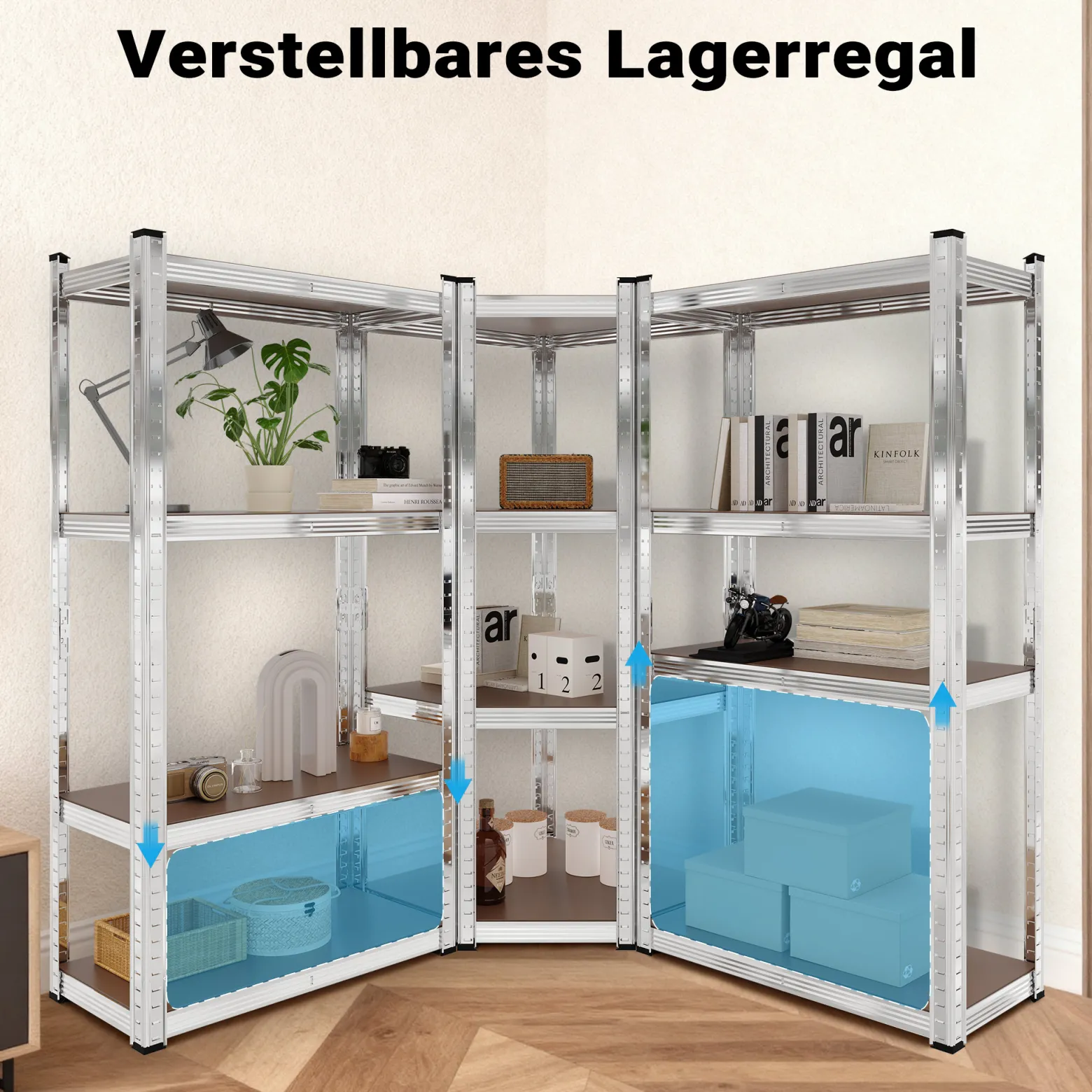 Wiltec Schwerlast Eckregal 164x150x160cm, 700 kg Gesamtlast, Steckregal verzinkt aus Stahl, Lastenregal mit 4 Ablagen, Werkstattregal