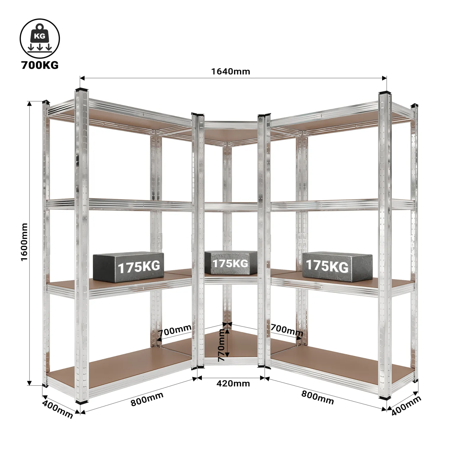 Wiltec Schwerlast Eckregal 164x150x160cm, 700 kg Gesamtlast, Steckregal verzinkt aus Stahl, Lastenregal mit 4 Ablagen, Werkstattregal