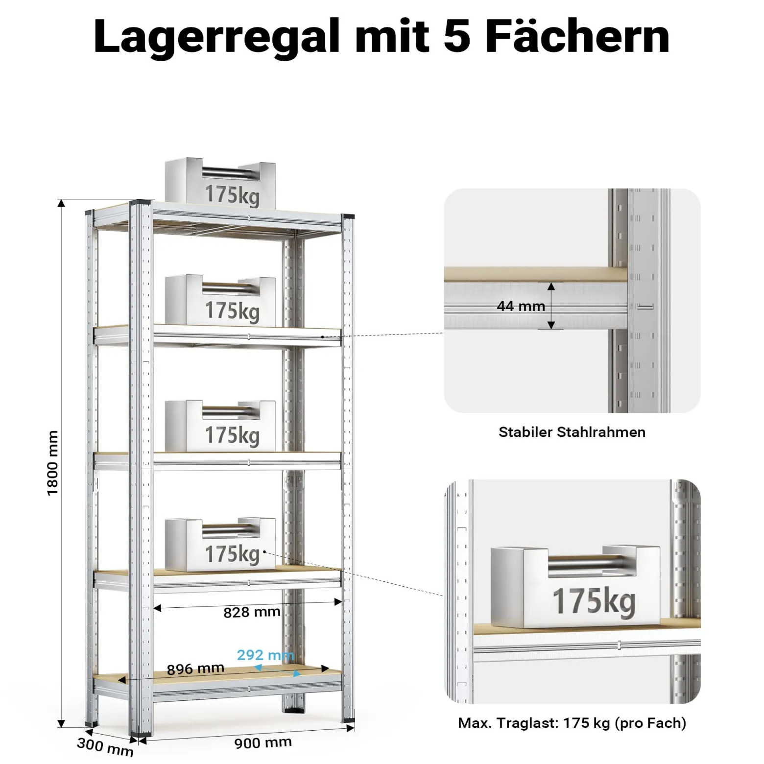 Wiltec Schwerlastregal 180x90x30cm, Gesamtlast 875kg, Steckregal verzinkt aus Stahl, Lastenregal mit 5 Ablagen, Werkstattregal