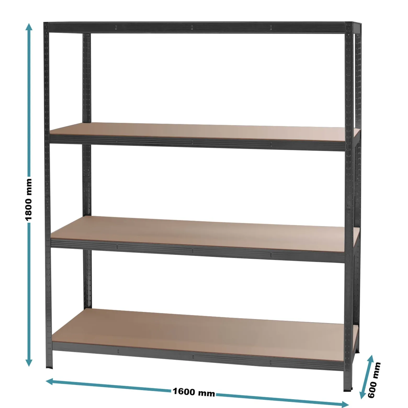 Wiltec Schwerlastregal 160x60x180cm, 175kg/Ablage, Steckregal schwarz aus Stahl, Lastenregal mit 4 Ablagen, Werkstattregal