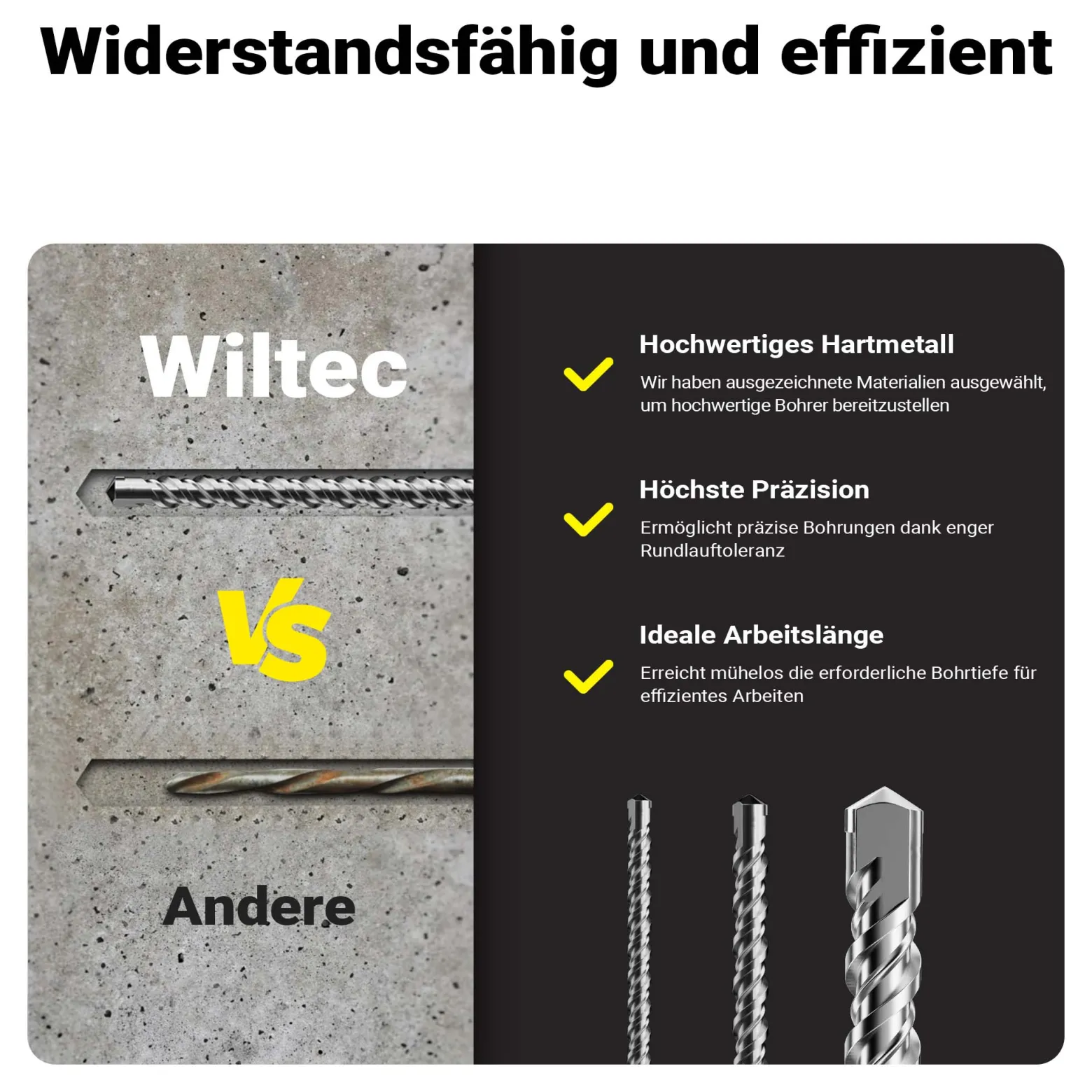Wiltec SDS Bohrer Set 3 teilig, 1000 mm Länge, 870 mm Bohrtiefe, Ø 12/16/24 mm, Hammerbohrer Durchbruchbohrer aus Stahl für Wände, Beton, Stein