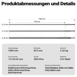 Wiltec SDS Bohrer Set 3 teilig, 1000 mm Länge, 870 mm Bohrtiefe, Ø 12/16/24 mm, Hammerbohrer Durchbruchbohrer aus Stahl für Wände, Beton, Stein