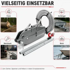 Wiltec Seilzug bis 3200 kg Seilwinde mit 20 m Seil, Handseilwinde mit Ø 16 mm Stahl-Seil, Forstseilwinde mit Abscherstift, Handseilzug mit Lasthaken