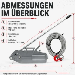 Wiltec Seilzug bis 3200 kg Seilwinde mit 20 m Seil, Handseilwinde mit Ø 16 mm Stahl-Seil, Forstseilwinde mit Abscherstift, Handseilzug mit Lasthaken