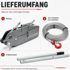 Wiltec Seilzug bis 3200 kg Seilwinde mit 20 m Seil, Handseilwinde mit Ø 16 mm Stahl-Seil, Forstseilwinde mit Abscherstift, Handseilzug mit Lasthaken