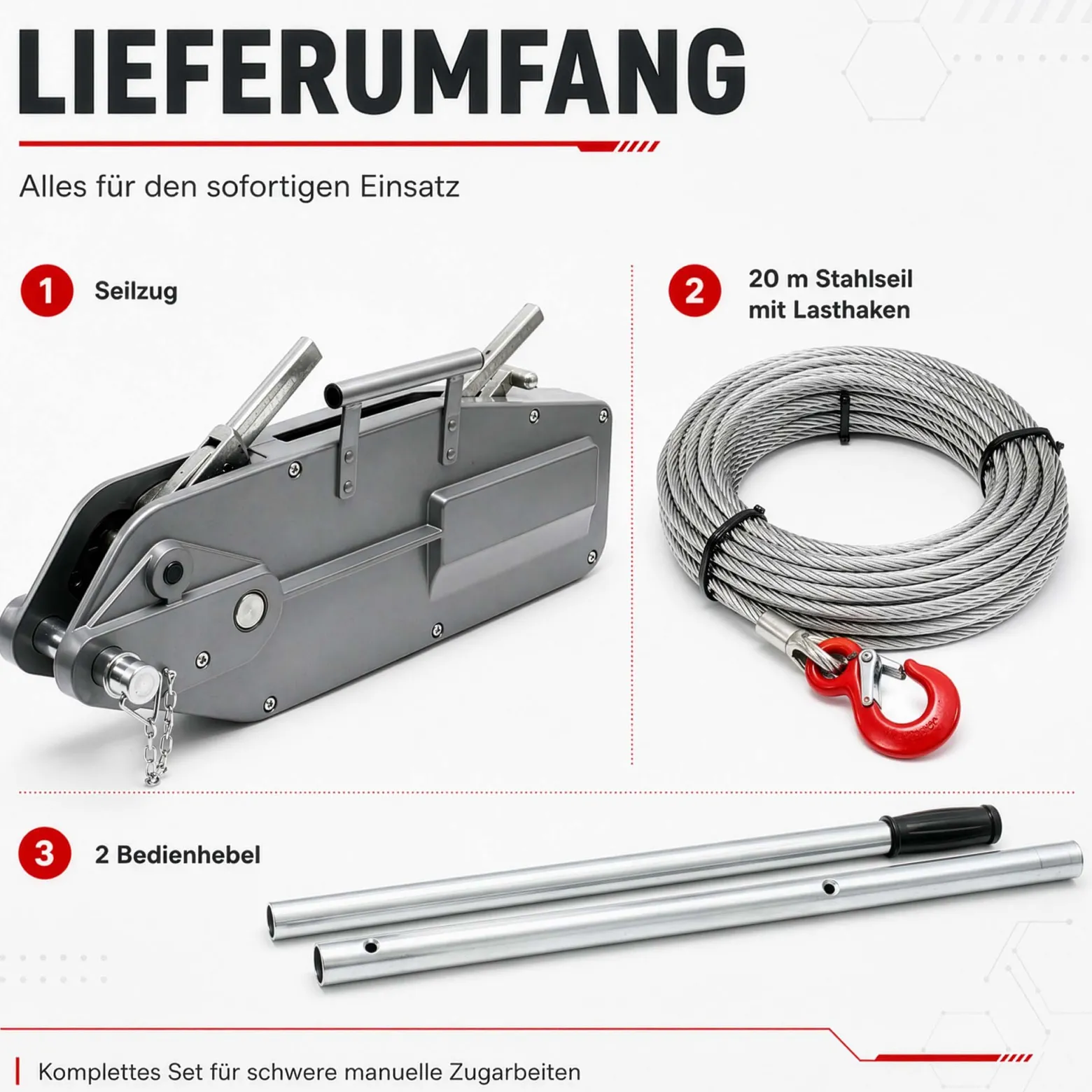Wiltec Seilzug bis 3200 kg Seilwinde mit 20 m Seil, Handseilwinde mit Ø 16 mm Stahl-Seil, Forstseilwinde mit Abscherstift, Handseilzug mit Lasthaken