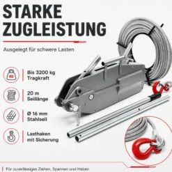 Wiltec Seilzug bis 3200 kg Seilwinde mit 20 m Seil, Handseilwinde mit Ø 16 mm Stahl-Seil, Forstseilwinde mit Abscherstift, Handseilzug mit Lasthaken