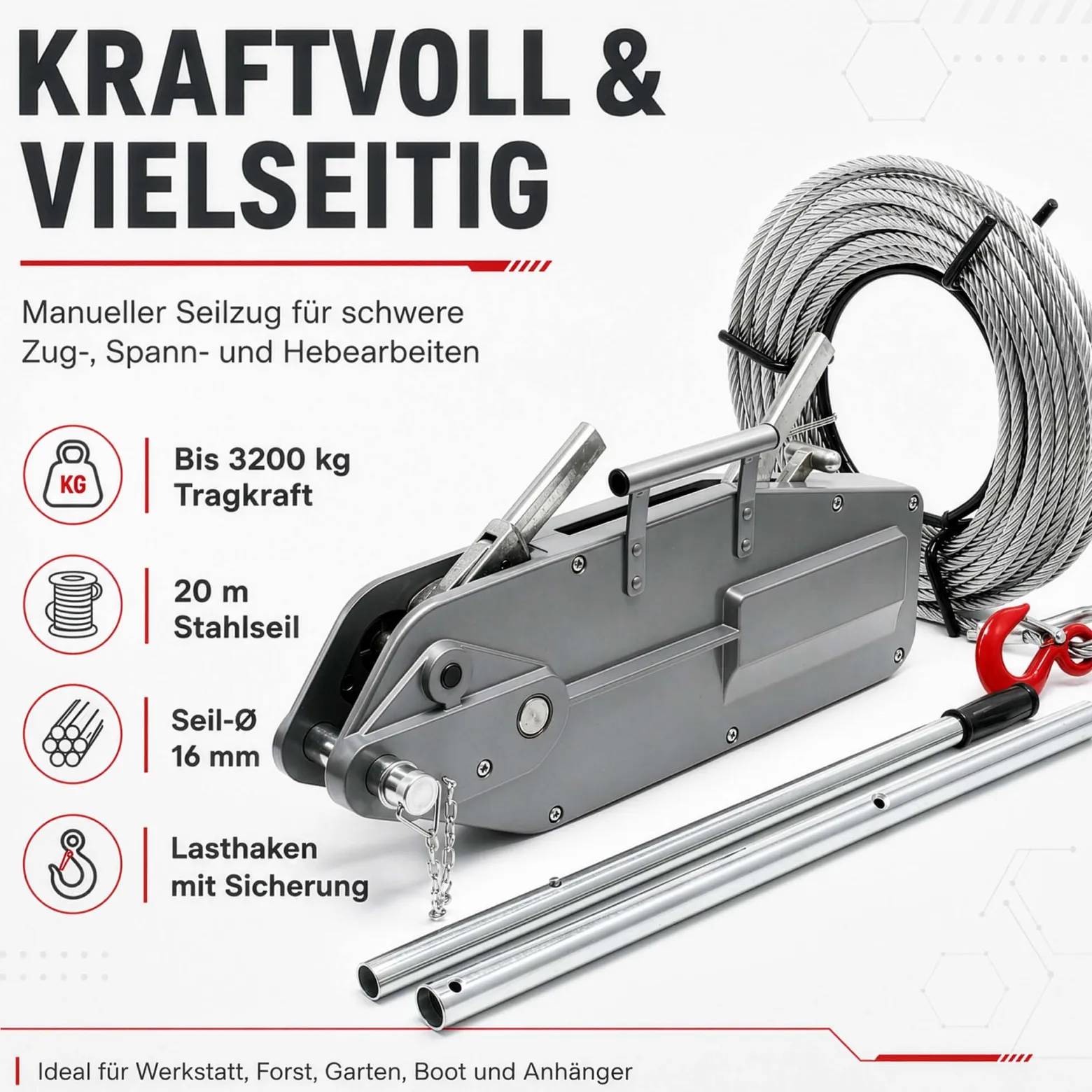 Wiltec Seilzug bis 3200 kg Seilwinde mit 20 m Seil, Handseilwinde mit Ø 16 mm Stahl-Seil, Forstseilwinde mit Abscherstift, Handseilzug mit Lasthaken