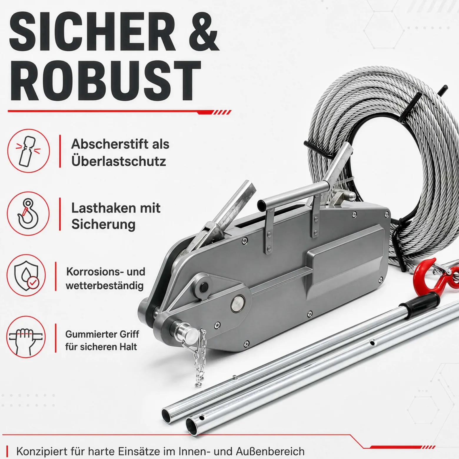 Wiltec Seilzug bis 3200 kg Seilwinde mit 20 m Seil, Handseilwinde mit Ø 16 mm Stahl-Seil, Forstseilwinde mit Abscherstift, Handseilzug mit Lasthaken