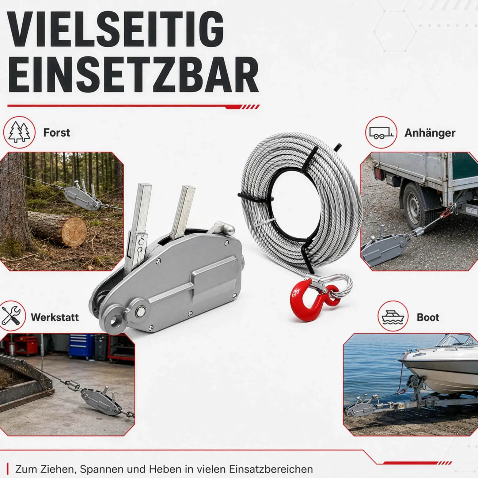 Wiltec Seilzug bis 800 kg Seilwinde mit 20 m Seil, Handseilwinde mit Ø 8,3 mm Stahl-Seil, Forstseilwinde mit Abscherstift, Handseilzug mit Lasthaken