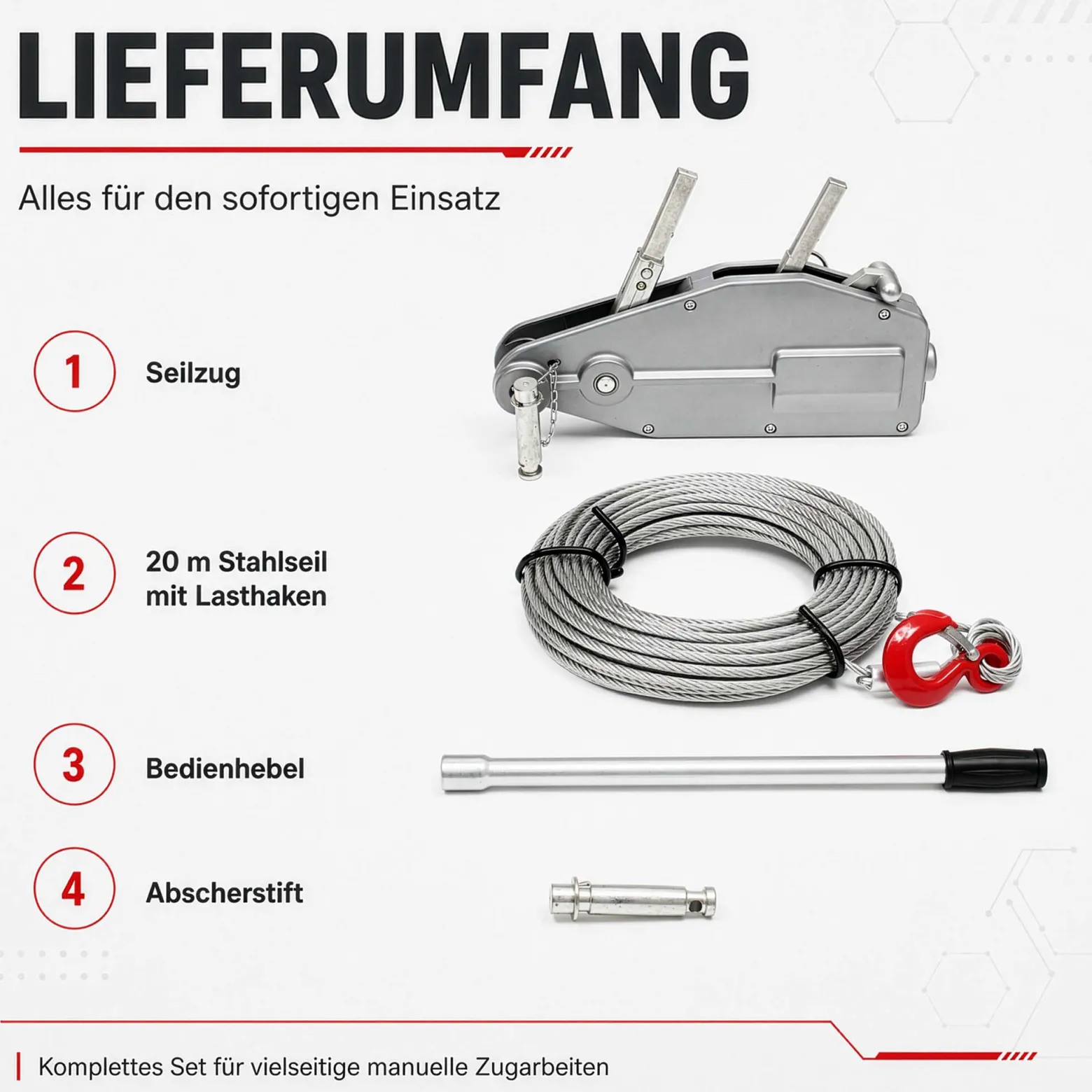 Wiltec Seilzug bis 800 kg Seilwinde mit 20 m Seil, Handseilwinde mit Ø 8,3 mm Stahl-Seil, Forstseilwinde mit Abscherstift, Handseilzug mit Lasthaken