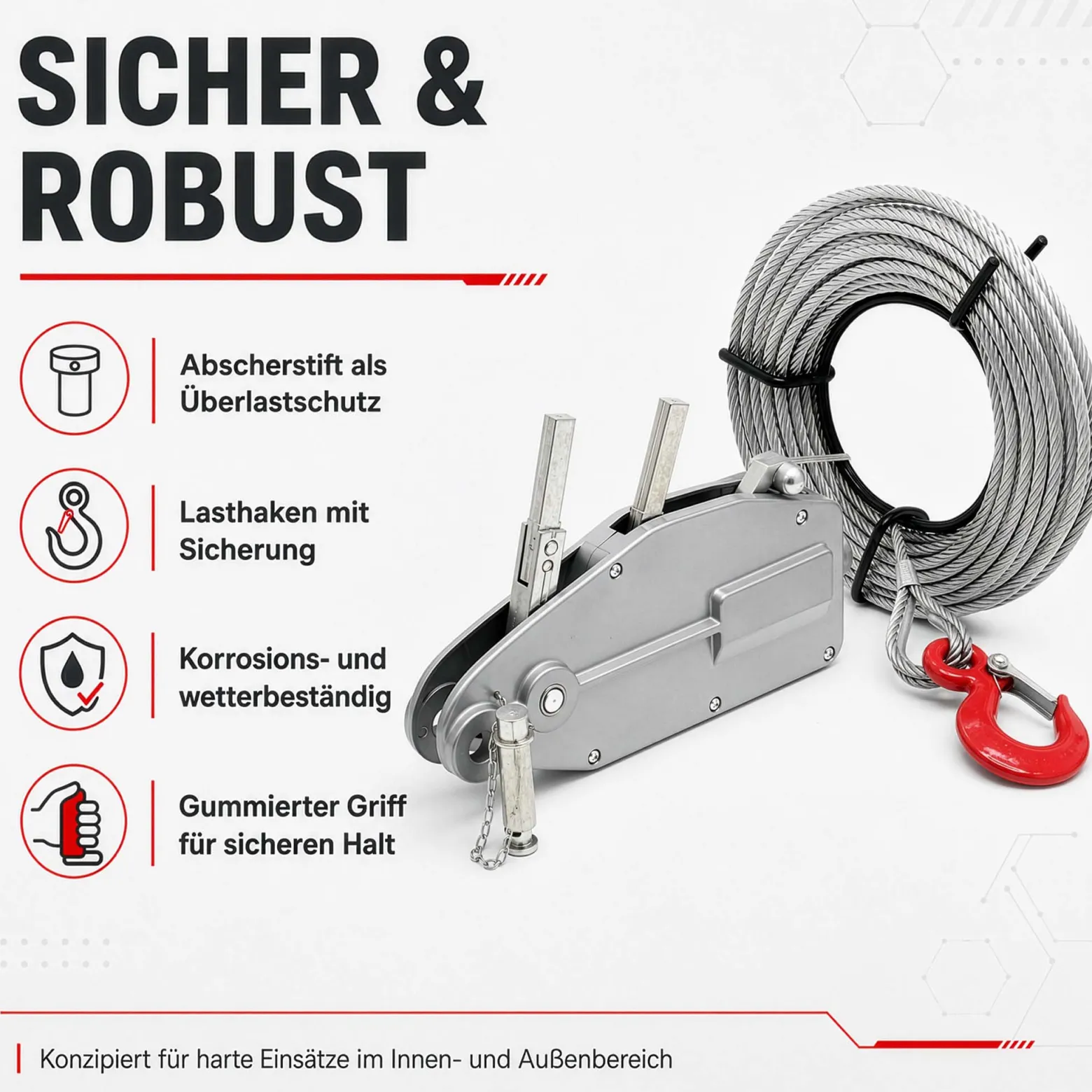 Wiltec Seilzug bis 800 kg Seilwinde mit 20 m Seil, Handseilwinde mit Ø 8,3 mm Stahl-Seil, Forstseilwinde mit Abscherstift, Handseilzug mit Lasthaken