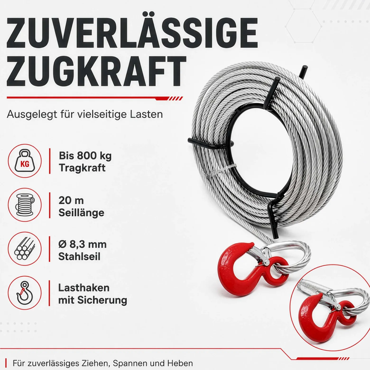 Wiltec Seilzug bis 800 kg Seilwinde mit 20 m Seil, Handseilwinde mit Ø 8,3 mm Stahl-Seil, Forstseilwinde mit Abscherstift, Handseilzug mit Lasthaken