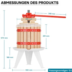 Wiltec Set 12L Obstpresse aus Buchenholz inkl. Presstuch und Obstmühle mit 7L Trichter, Zur Herstellung von Saft Wein und Maische
