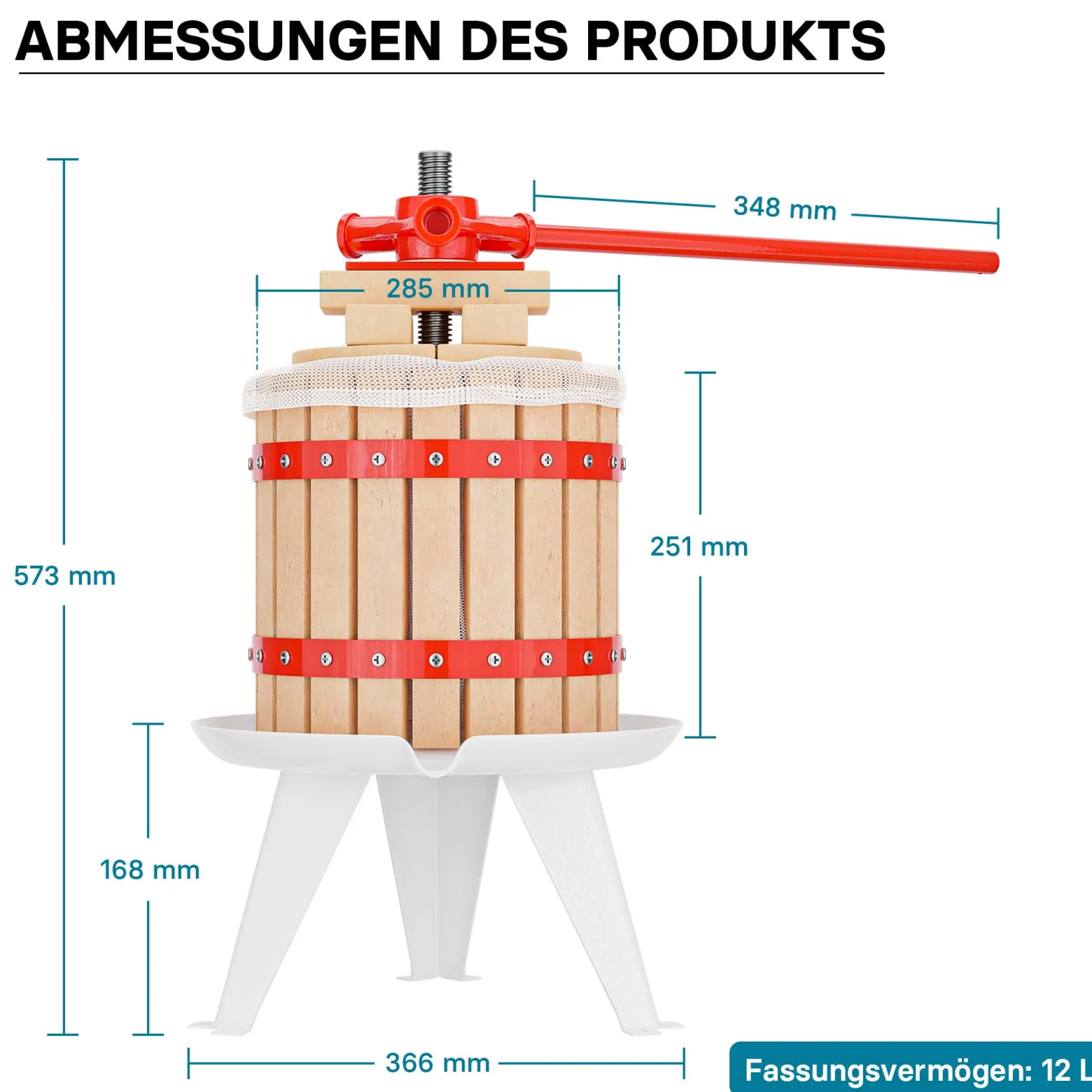 Wiltec Set 12L Obstpresse aus Buchenholz inkl. Presstuch und Obstmühle mit 7L Trichter, Zur Herstellung von Saft Wein und Maische