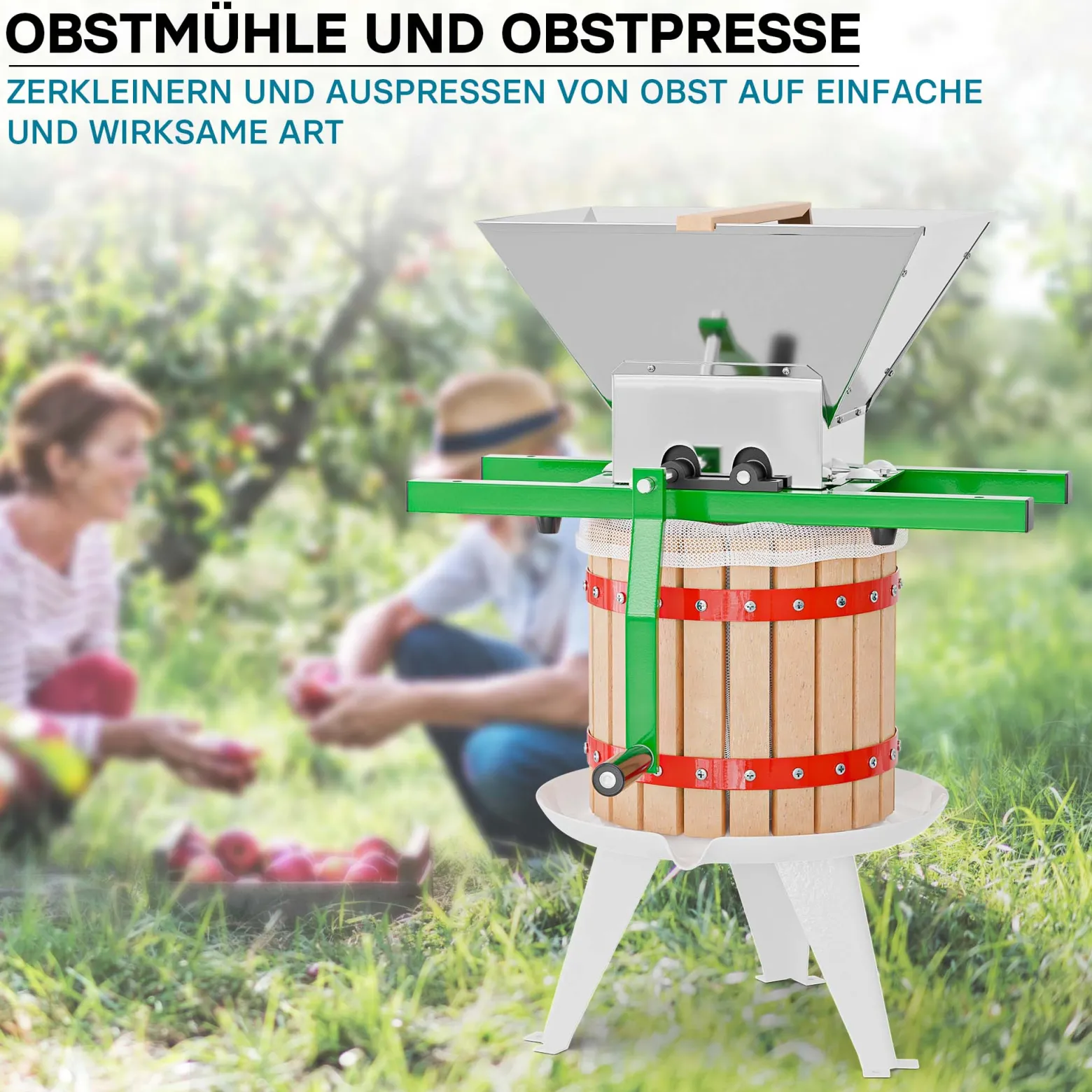 Wiltec Set 12L Obstpresse aus Buchenholz inkl. Presstuch und Obstmühle mit 7L Trichter, Zur Herstellung von Saft Wein und Maische