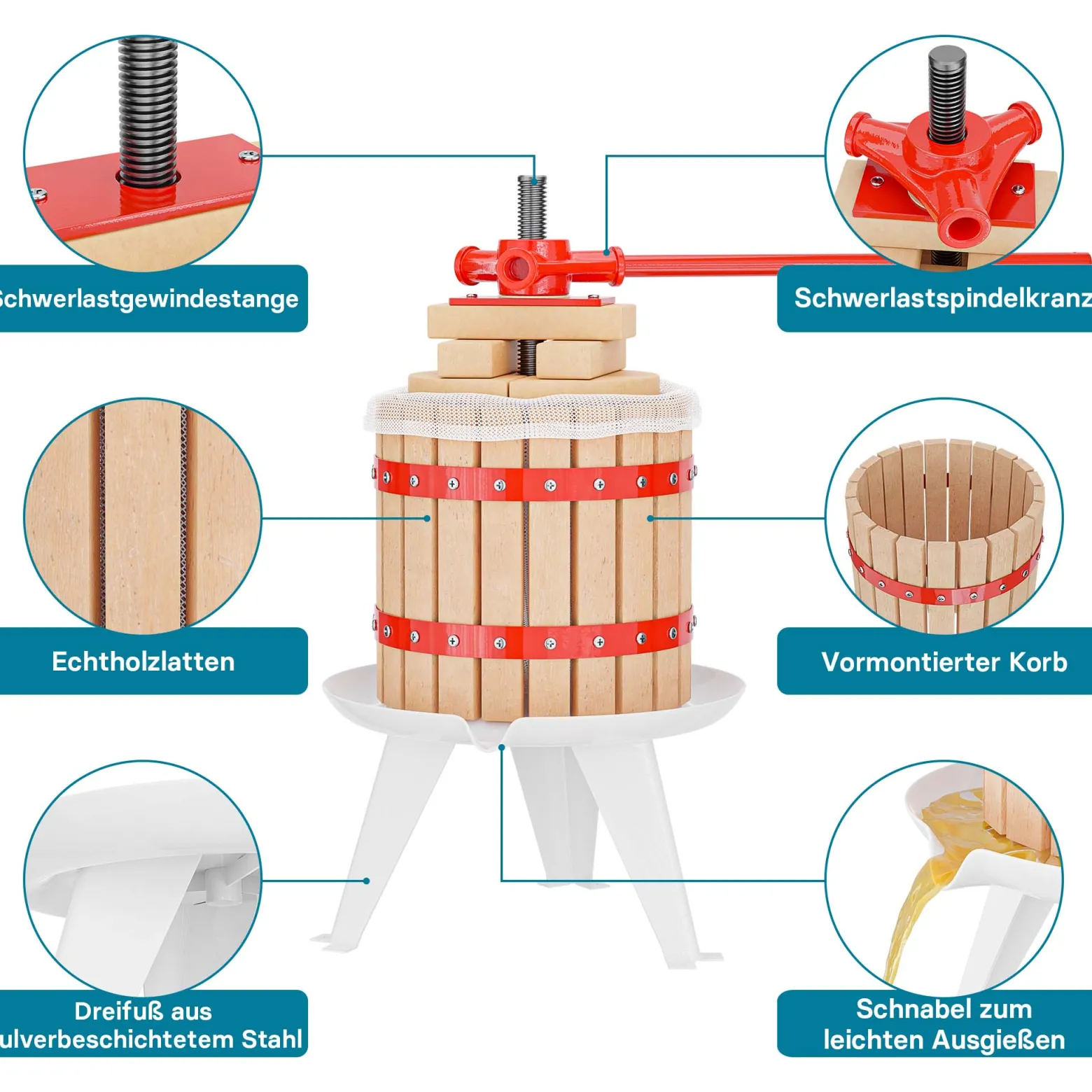 Wiltec Set 12L Obstpresse aus Buchenholz inkl. Presstuch und Obstmühle mit 7L Trichter, Zur Herstellung von Saft Wein und Maische