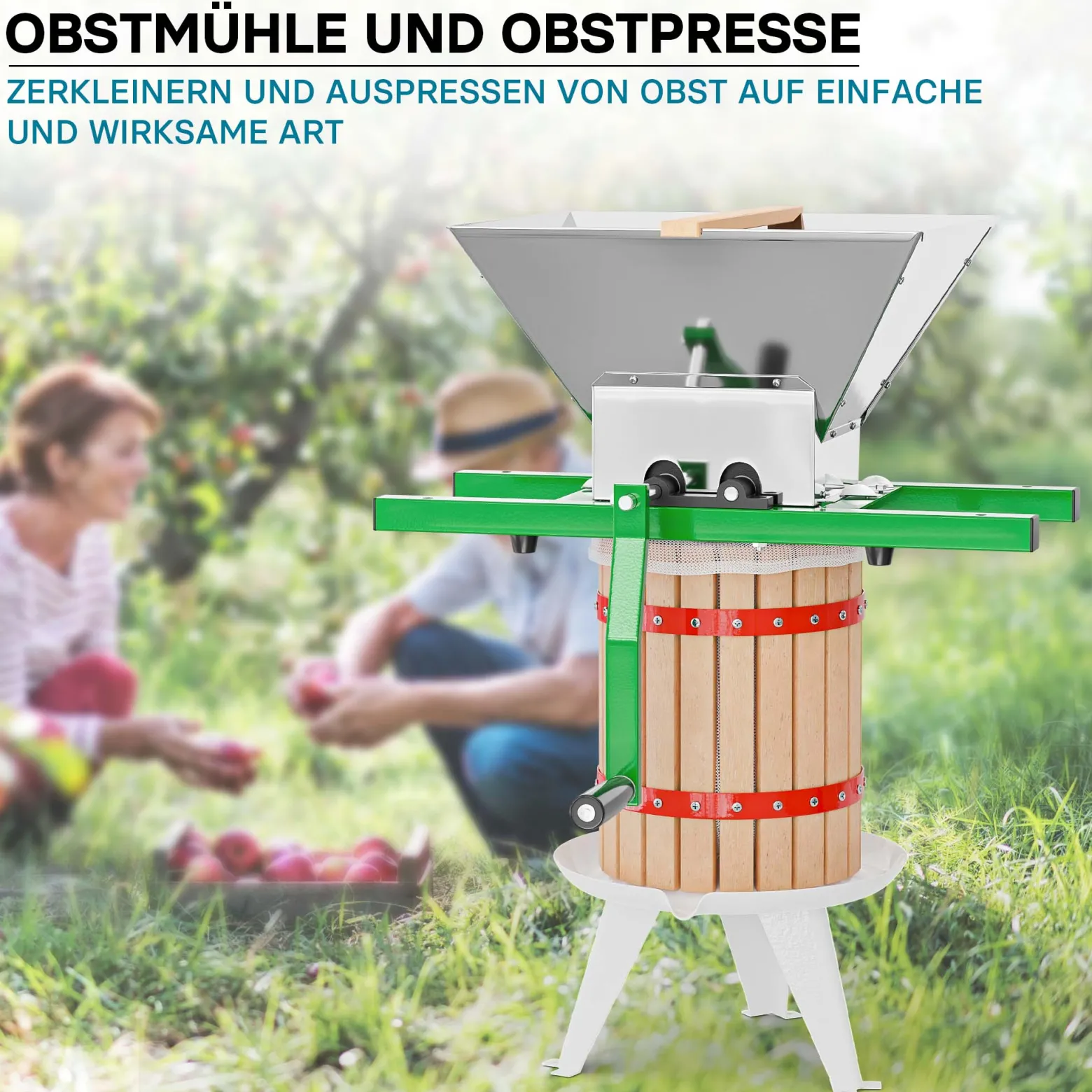 Wiltec Set 6L Obstpresse aus Buchenholz inkl. Presstuch und Obstmühle mit 7L Trichter, Zur Herstellung von Saft Wein und Maische