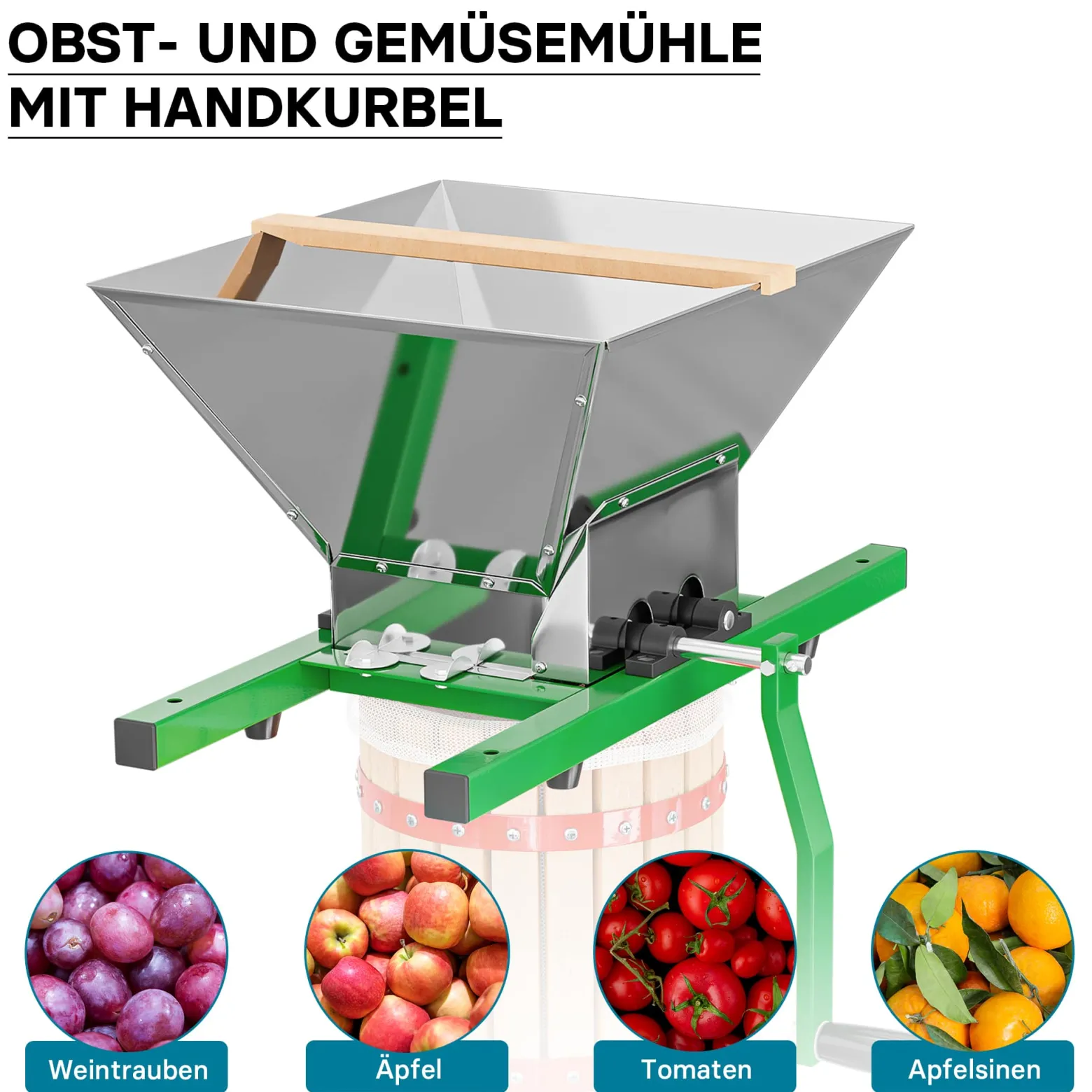 Wiltec Set 6L Obstpresse aus Buchenholz inkl. Presstuch und Obstmühle mit 7L Trichter, Zur Herstellung von Saft Wein und Maische