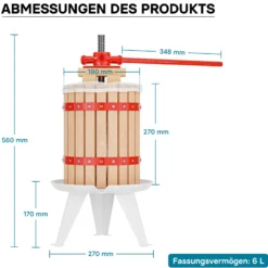 Wiltec Set 6L Obstpresse aus Buchenholz inkl. Presstuch und Obstmühle mit 7L Trichter, Zur Herstellung von Saft Wein und Maische