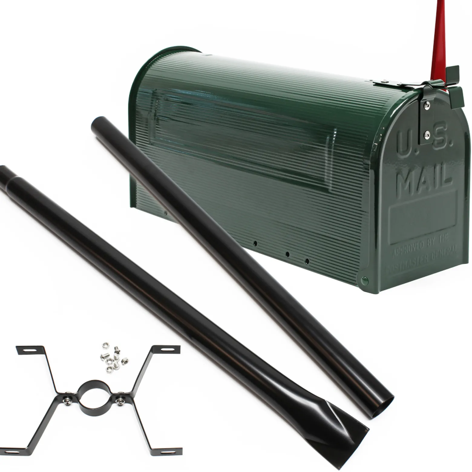 Wiltec Set US Mailbox grün 180 x 220 x 480 mm, amerikanischer Briefkasten mit Fahne, Standbriefkasten Stahl amerikanisches Design mit passendem Standfuß