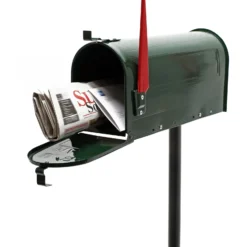 Wiltec Set US Mailbox grün 180 x 220 x 480 mm, amerikanischer Briefkasten mit Fahne, Standbriefkasten Stahl amerikanisches Design mit passendem Standfuß