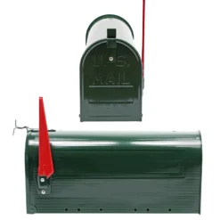 Wiltec Set US Mailbox grün 180 x 220 x 480 mm, amerikanischer Briefkasten mit Fahne, Standbriefkasten Stahl amerikanisches Design mit passender Wandhalterung