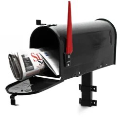 Wiltec Set US Mailbox schwarz 180 x 220 x 480 mm, amerikanischer Briefkasten mit Fahne, Standbriefkasten Stahl amerikanisches Design mit passender Wandhalterung