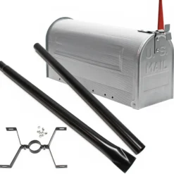 Wiltec Set US Mailbox silbergrau 180 x 220 x 480 mm, amerikanischer Briefkasten mit Fahne, Standbriefkasten Stahl amerikanisches Design mit passendem Standfuß