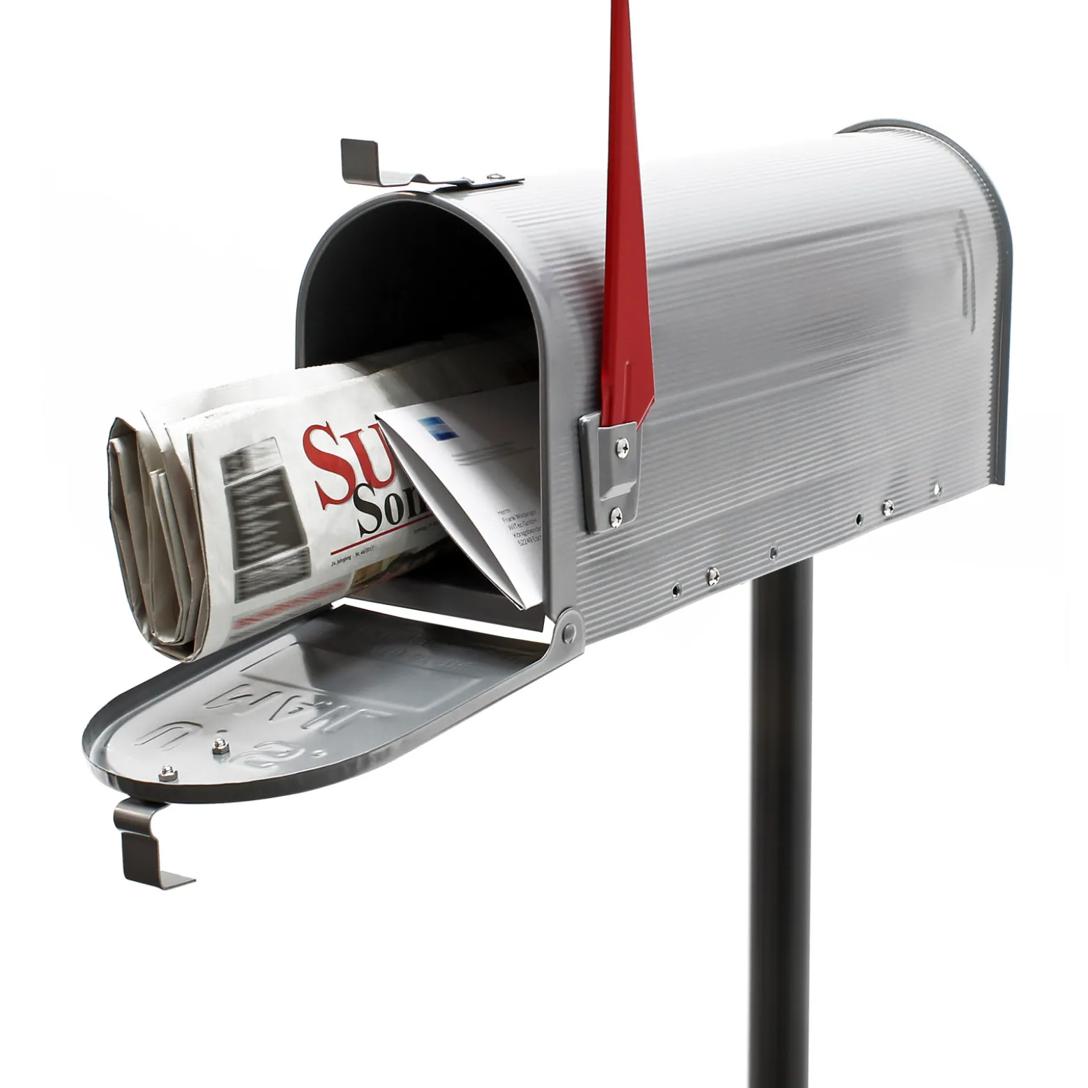 Wiltec Set US Mailbox silbergrau 180 x 220 x 480 mm, amerikanischer Briefkasten mit Fahne, Standbriefkasten Stahl amerikanisches Design mit passendem Standfuß