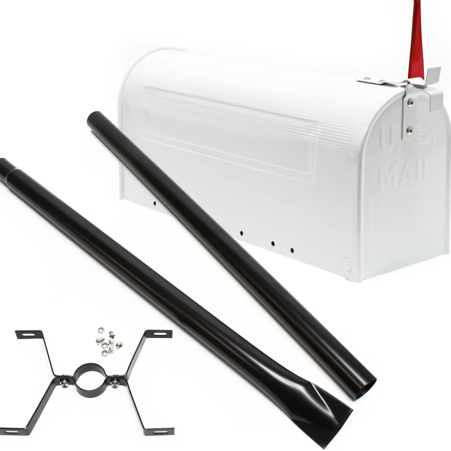 Wiltec Set US Mailbox weiß 180 x 220 x 480 mm, amerikanischer Briefkasten mit Fahne, Standbriefkasten Stahl amerikanisches Design mit passendem Standfuß