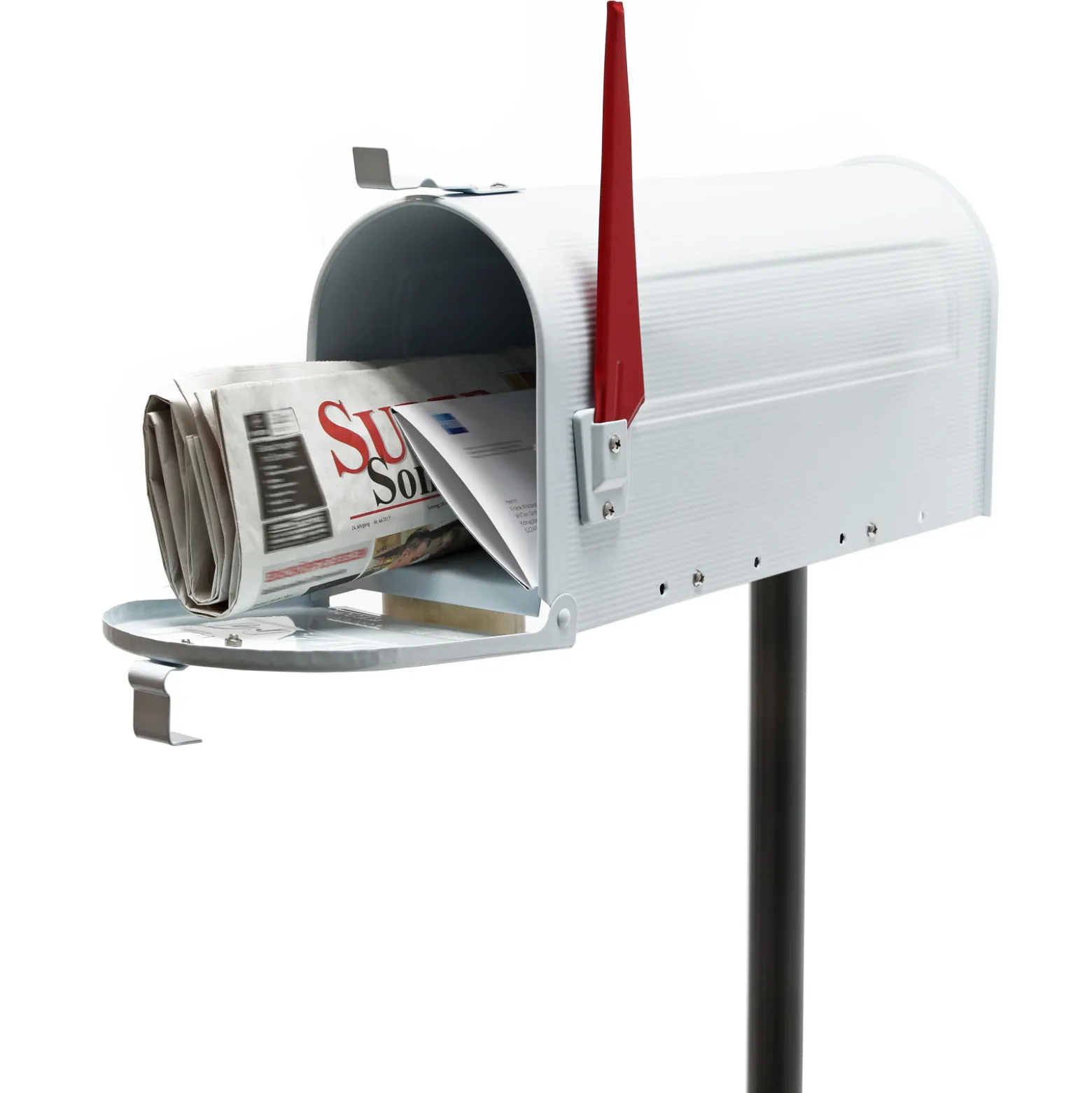 Wiltec Set US Mailbox weiß 180 x 220 x 480 mm, amerikanischer Briefkasten mit Fahne, Standbriefkasten Stahl amerikanisches Design mit passendem Standfuß