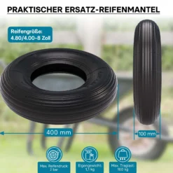 Wiltec Set 4x Reifen und 4x Schlauch Größe 4.00-8, bis 160 kg Traglast, mit geradem Ventil TR13 für Schubkarren, Sackkarren und E-Scooter