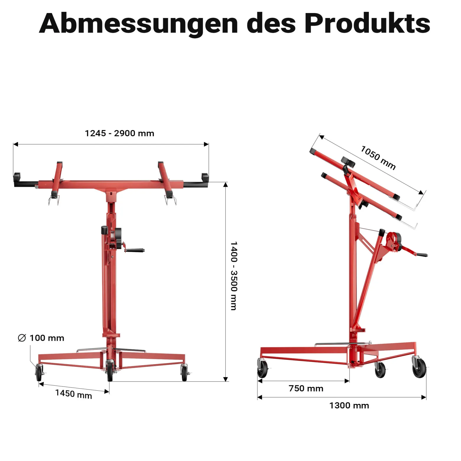 Wiltec SET XXL Plattenheber bis max. 68 kg + 140 cm Verlängerung, Höhe 140-465 cm, max. Breite 2,90 m, Montagehilfe für Trockenbau, Paneelheber mit 3 Rädern, rot