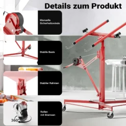 Wiltec SET XXL Plattenheber bis max. 68 kg + 140 cm Verlängerung, Höhe 140-465 cm, max. Breite 2,90 m, Montagehilfe für Trockenbau, Paneelheber mit 3 Rädern, rot