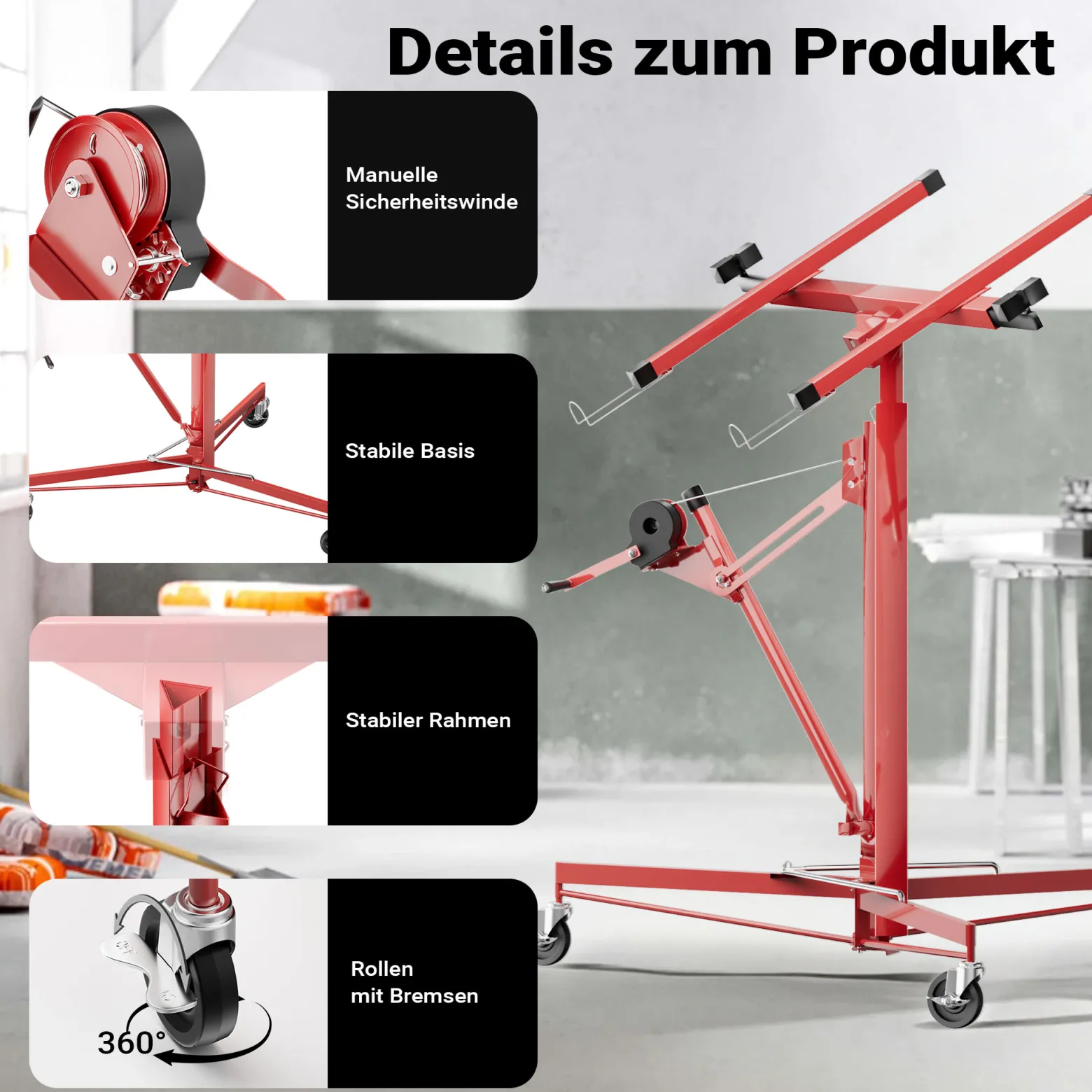 Wiltec SET XXL Plattenheber bis max. 68 kg + 140 cm Verlängerung, Höhe 140-465 cm, max. Breite 2,90 m, Montagehilfe für Trockenbau, Paneelheber mit 3 Rädern, rot