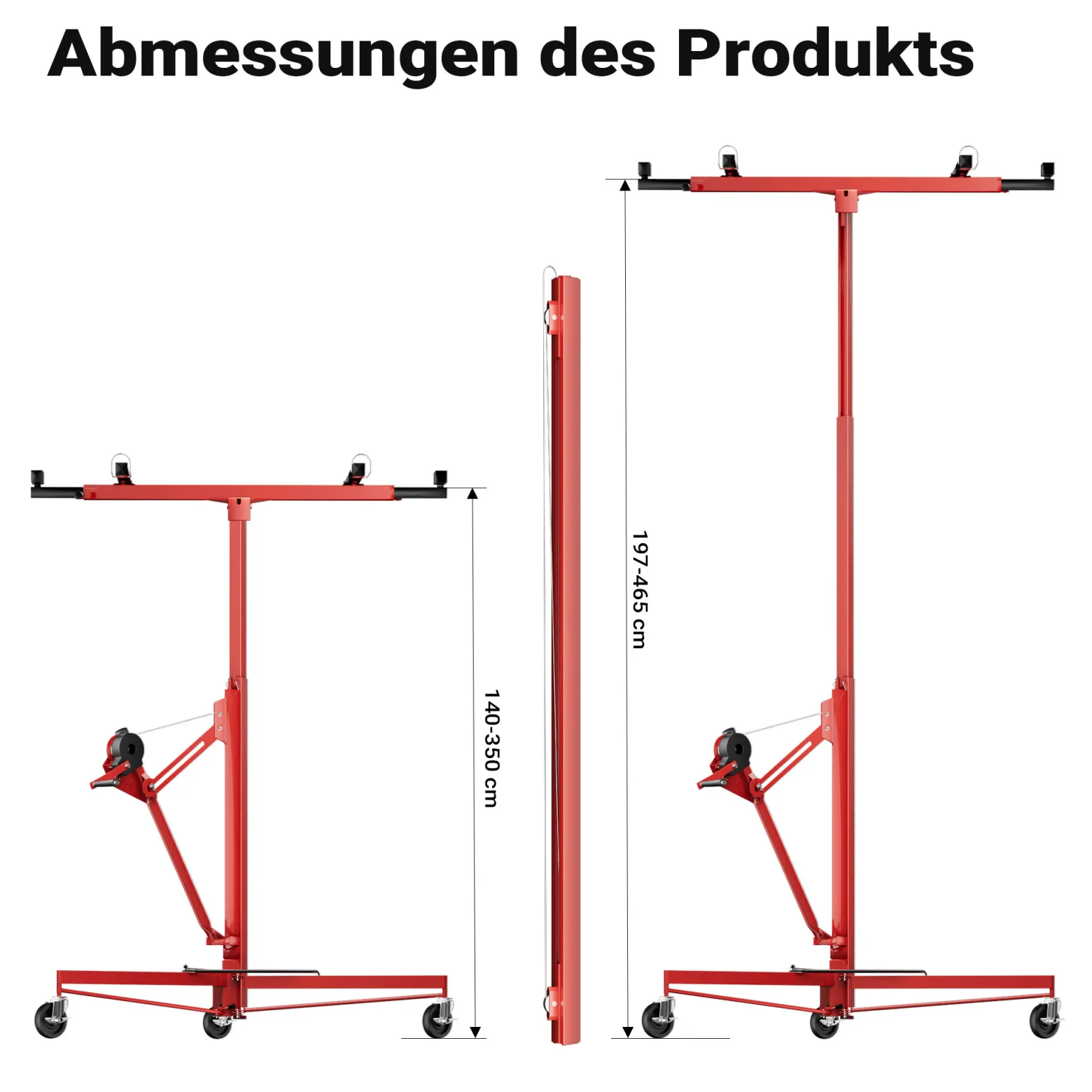 Wiltec SET XXL Plattenheber bis max. 68 kg + 140 cm Verlängerung, Höhe 140-465 cm, max. Breite 2,90 m, Montagehilfe für Trockenbau, Paneelheber mit 3 Rädern, rot