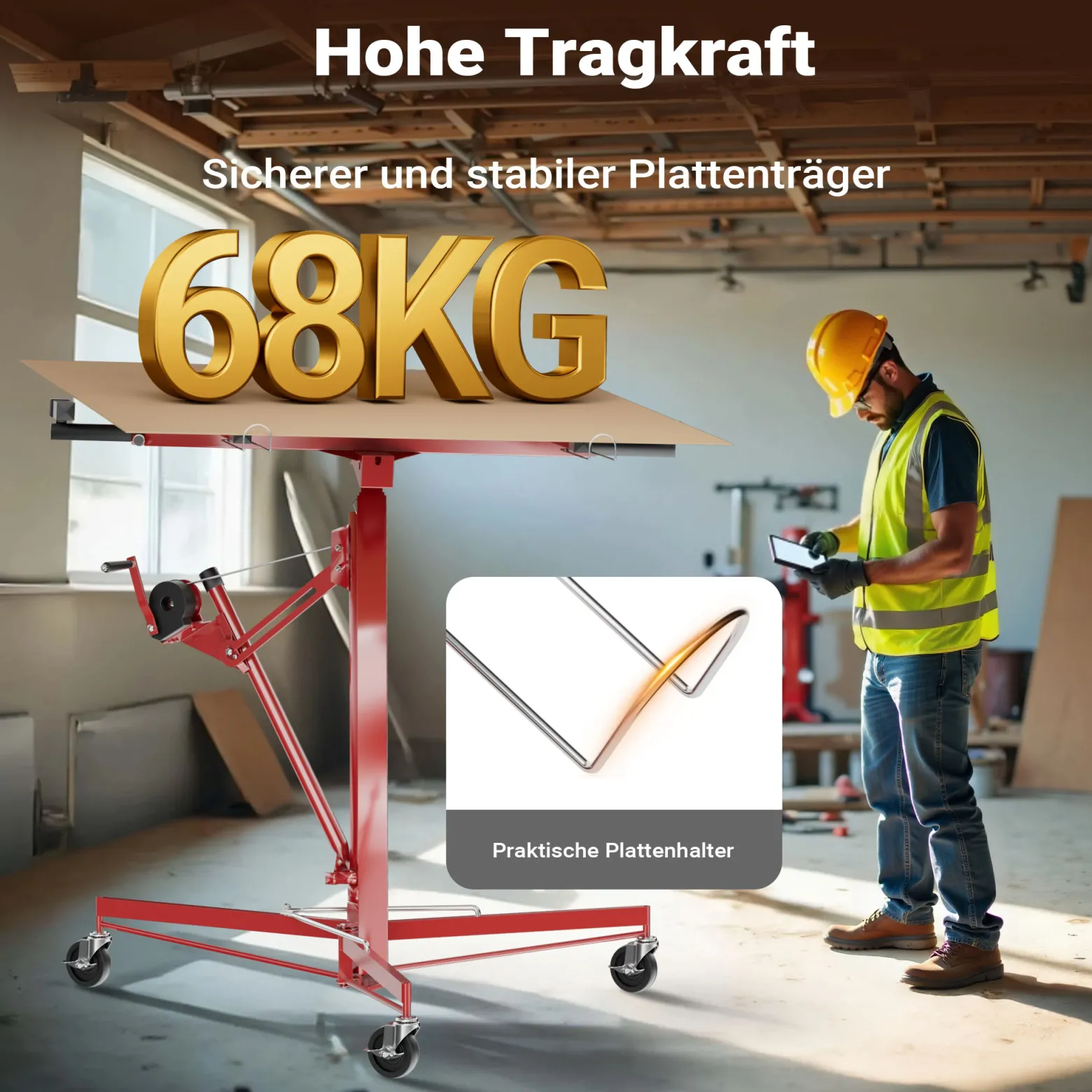 Wiltec SET XXL Plattenheber bis max. 68 kg + 140 cm Verlängerung, Höhe 140-465 cm, max. Breite 2,90 m, Montagehilfe für Trockenbau, Paneelheber mit 3 Rädern, rot