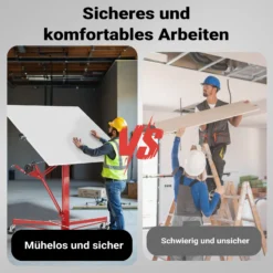 Wiltec SET XXL Plattenheber bis max. 68 kg + 140 cm Verlängerung, Höhe 140-465 cm, max. Breite 2,90 m, Montagehilfe für Trockenbau, Paneelheber mit 3 Rädern, rot