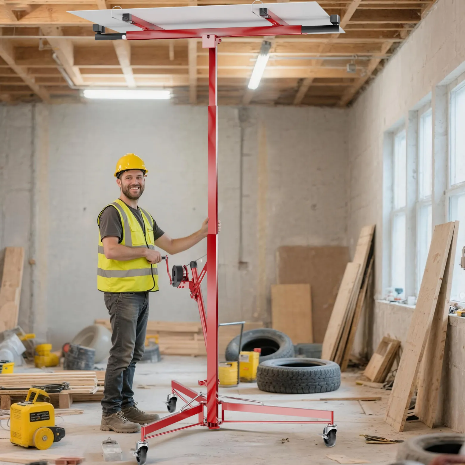 Wiltec SET XXL Plattenheber bis max. 68 kg + 140 cm Verlängerung, Höhe 140-465 cm, max. Breite 2,90 m, Montagehilfe für Trockenbau, Paneelheber mit 3 Rädern, rot