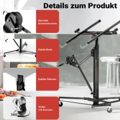 Wiltec SET XXL Plattenheber bis max. 68 kg + 140 cm Verlängerung, Höhe 140-465 cm, max. Breite 2,90 m, Montagehilfe für Trockenbau, Paneelheber mit 3 Rädern, schwarz