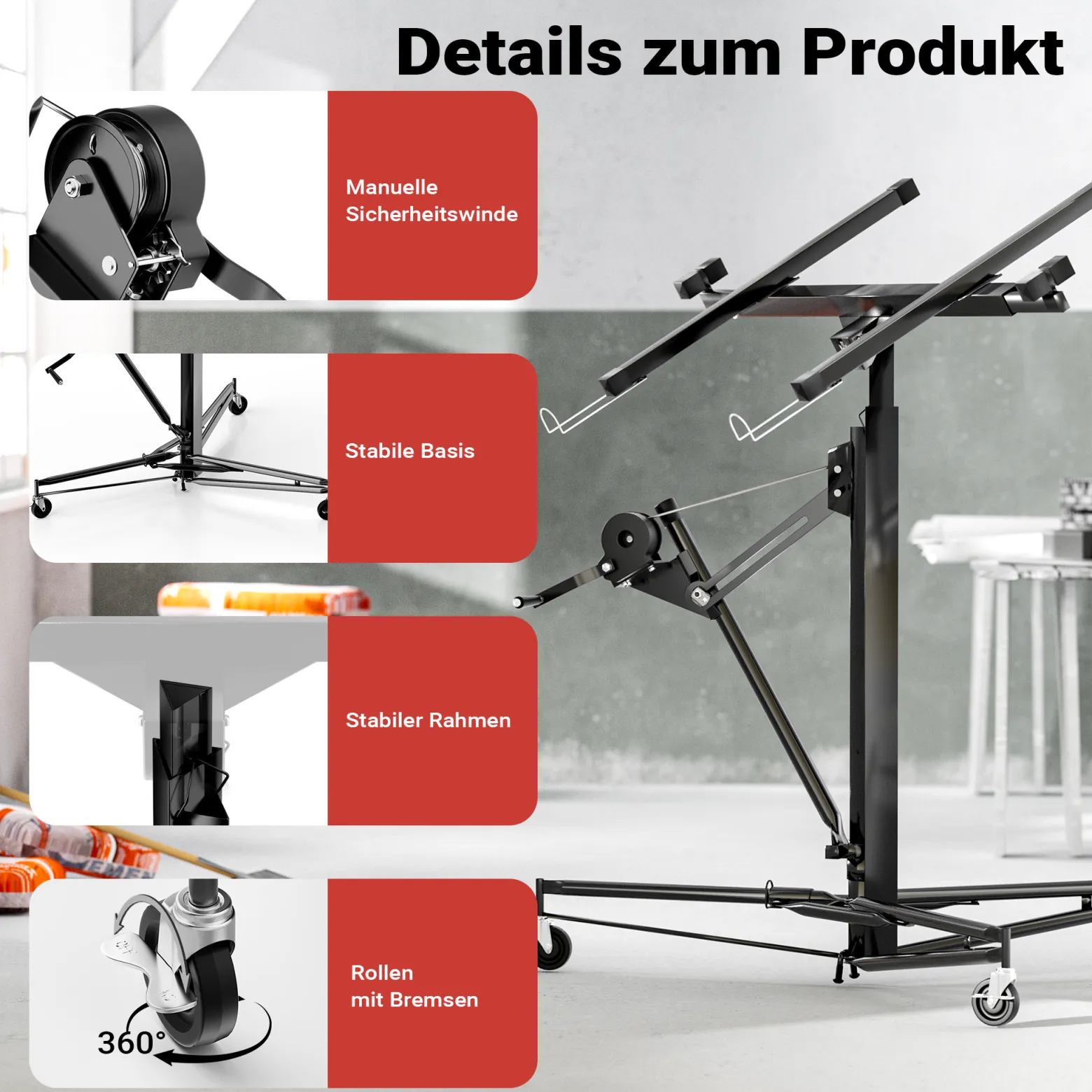 Wiltec SET XXL Plattenheber bis max. 68 kg + 140 cm Verlängerung, Höhe 140-465 cm, max. Breite 2,90 m, Montagehilfe für Trockenbau, Paneelheber mit 3 Rädern, schwarz