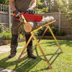 Wiltec Sägebock verzinkt klappbar, 88x71x96 cm, mit Kettensägenhalter und Zwangsführung, Holzsägebock für Brennholz, bis 120 kg