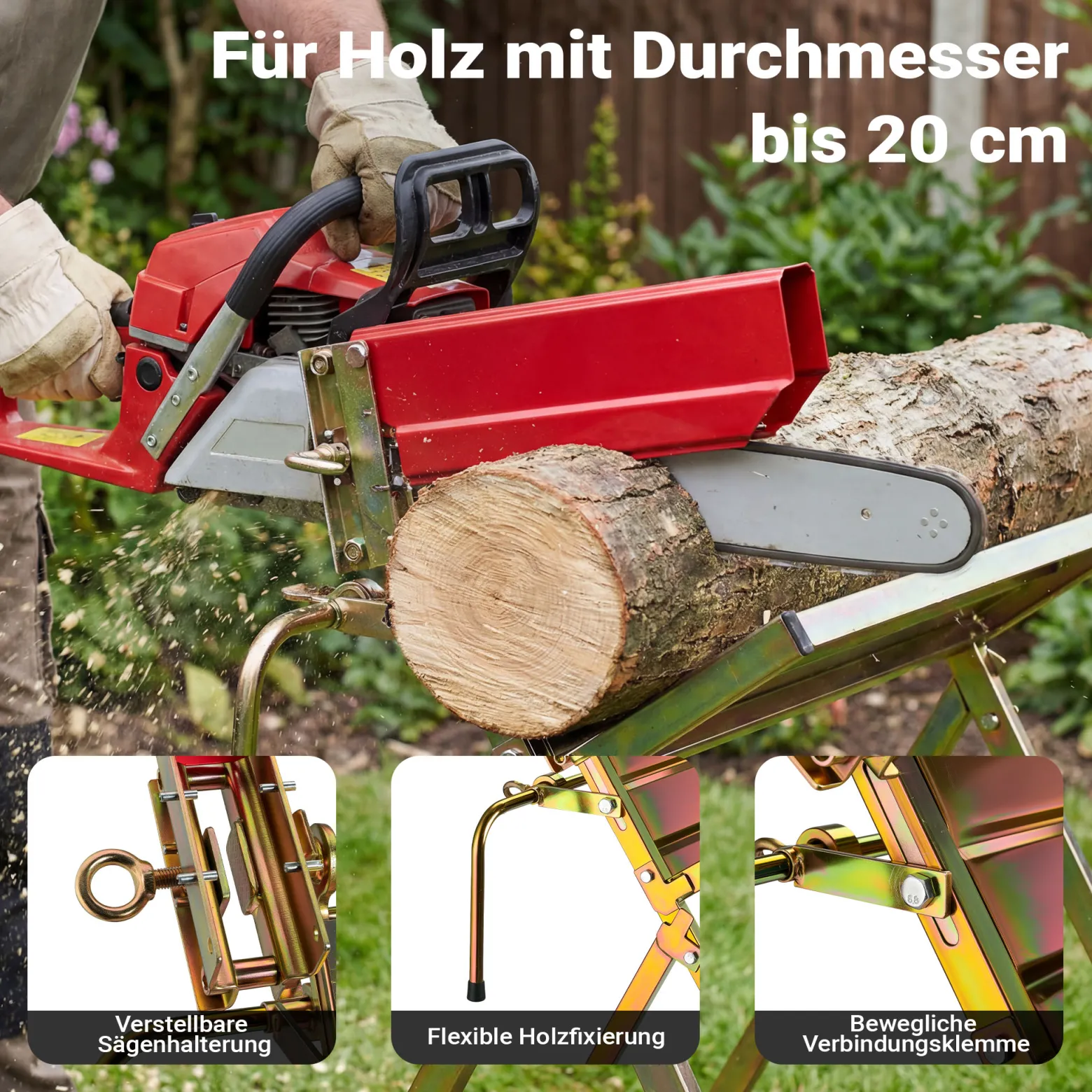 Wiltec Sägebock verzinkt klappbar, 88x71x96 cm, mit Kettensägenhalter und Zwangsführung, Holzsägebock für Brennholz, bis 120 kg