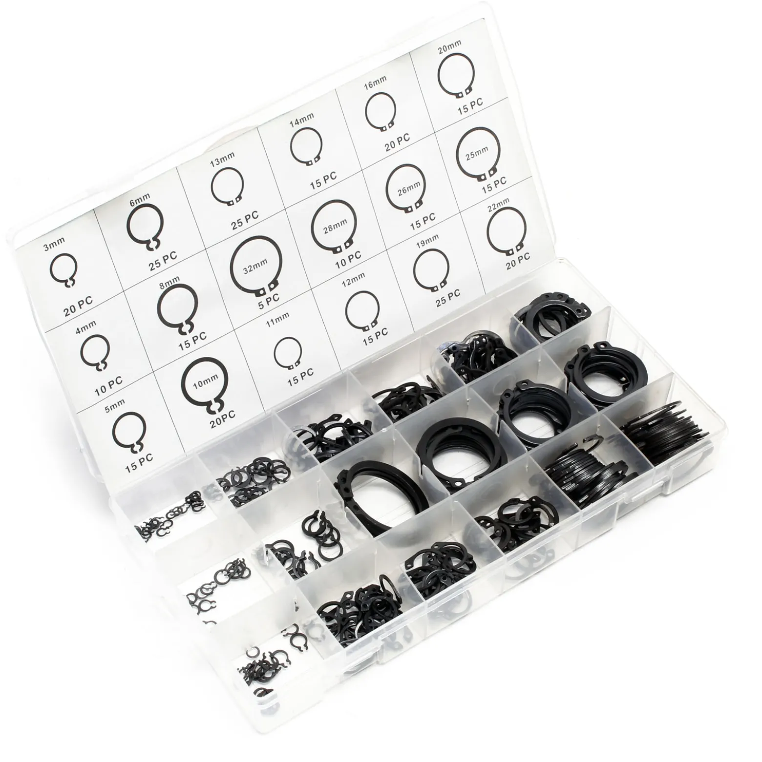 Wiltec Sicherheitsring Seegerring Set 900 teilig, 1,5-32 mm, Sprengring Sortiment in übersichtlicher Kunststoffbox, E Clips Innenringe Außenringe